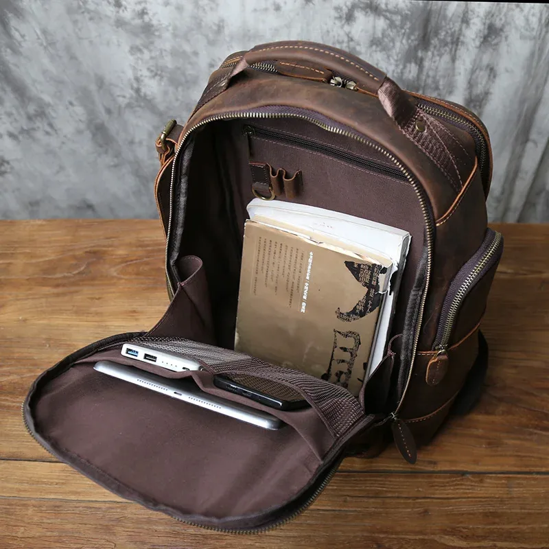 nzpj rétro en cuir véritable hommes sac à dos couche supérieure en peau de vache sac à dos mode hommes sac crazy horse peau voyage ordinateur sac