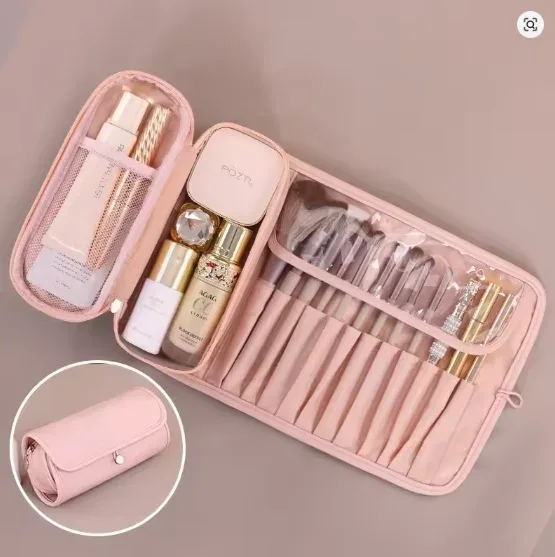 organisateur de pinceaux de maquillage pour femmes, pochette de rangement de maquillage de voyage étanche, trousse à cosmétiques portable de grande capacité