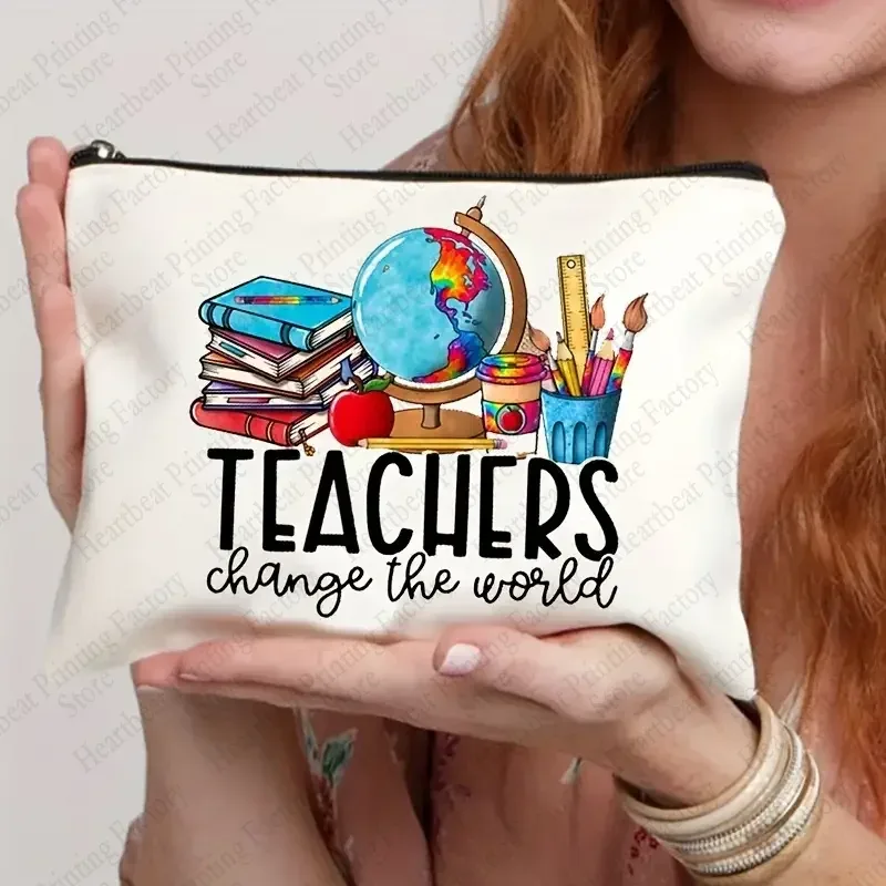 teacher change the world print sacs à cosmétiques trousse de toilette cadeau de remise des diplômes pour les enseignants trousse à crayons de retour à l'école pour enseignant
