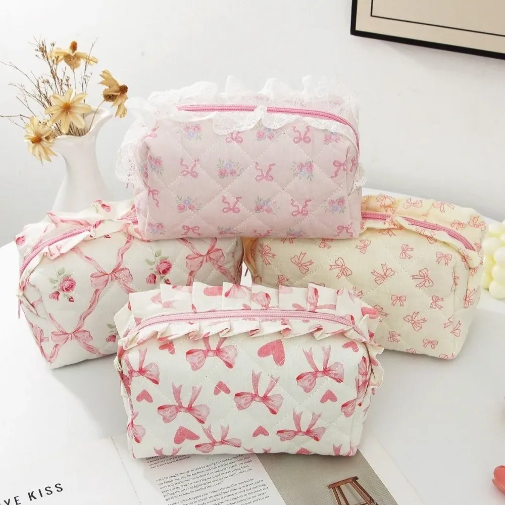 pochette de maquillage matelassée à bords volantés portable, avec nœud, grande capacité, sac de rangement cosmétique, imprimé floral, trousse à crayons