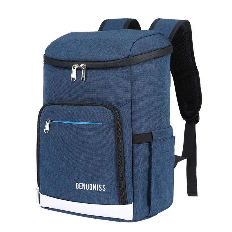 sac dos nylon bleu foncé motif camouflage thermique usage nourriture tissu résistant poche latérale zip fermeture éclair noire