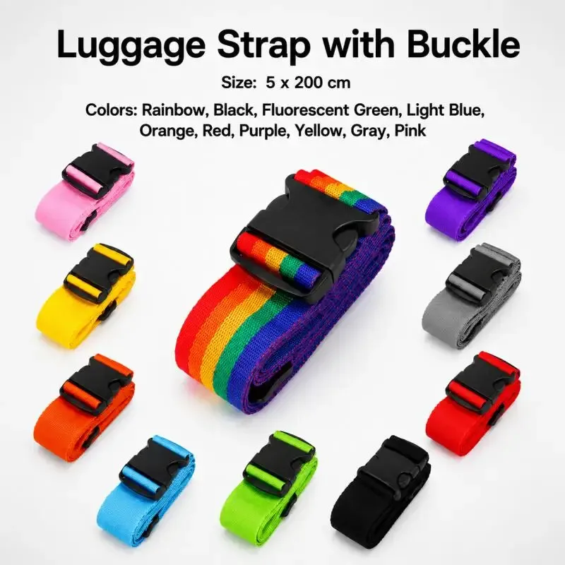 sangle bagage polyester boucle noire pratique arc ciel longue large usage voyage sécurisation valise transport identification bande transverse fixation