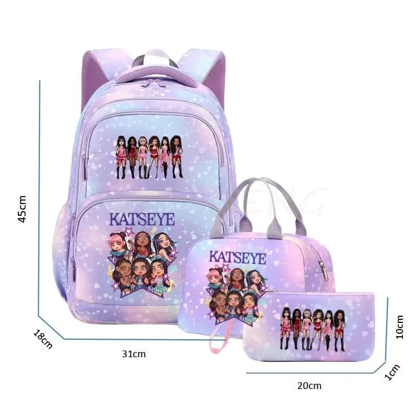 sac à dos katseye pour femmes, 3 pièces/ensemble, sac d'école pour étudiants, grande capacité, sac de voyage en plein air, sac d'école pour étudiants avec dessin animé