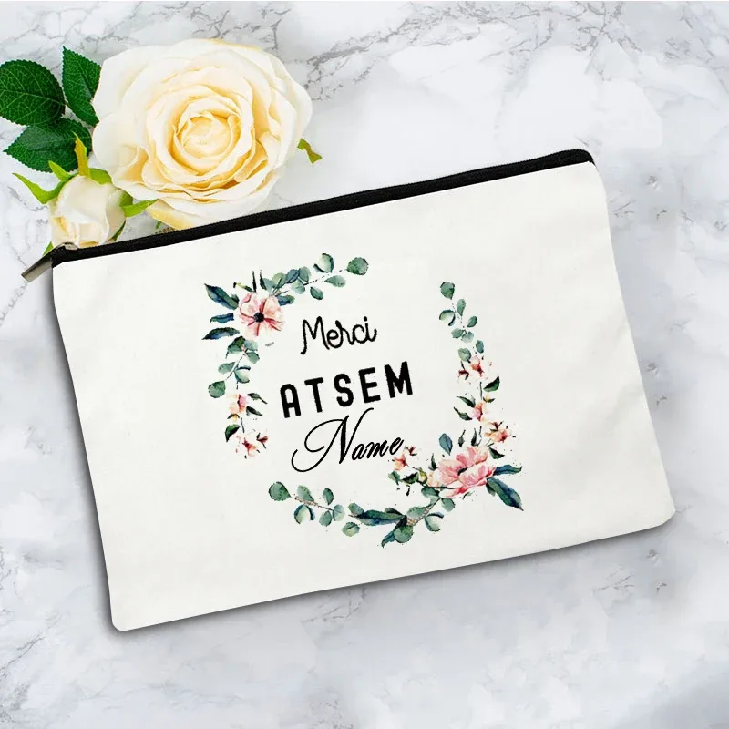 pochette zippée à motif floral pour femme, sac de voyage, organisateur en toile, trousse de maquillage, cadeau pour enseignant avec nom personnalisé lady f