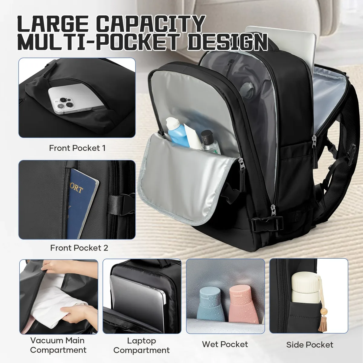 sac dos nylon unisexe noir compression integree compartiment ordinateur portable poche humide ceinture air décontracté solide