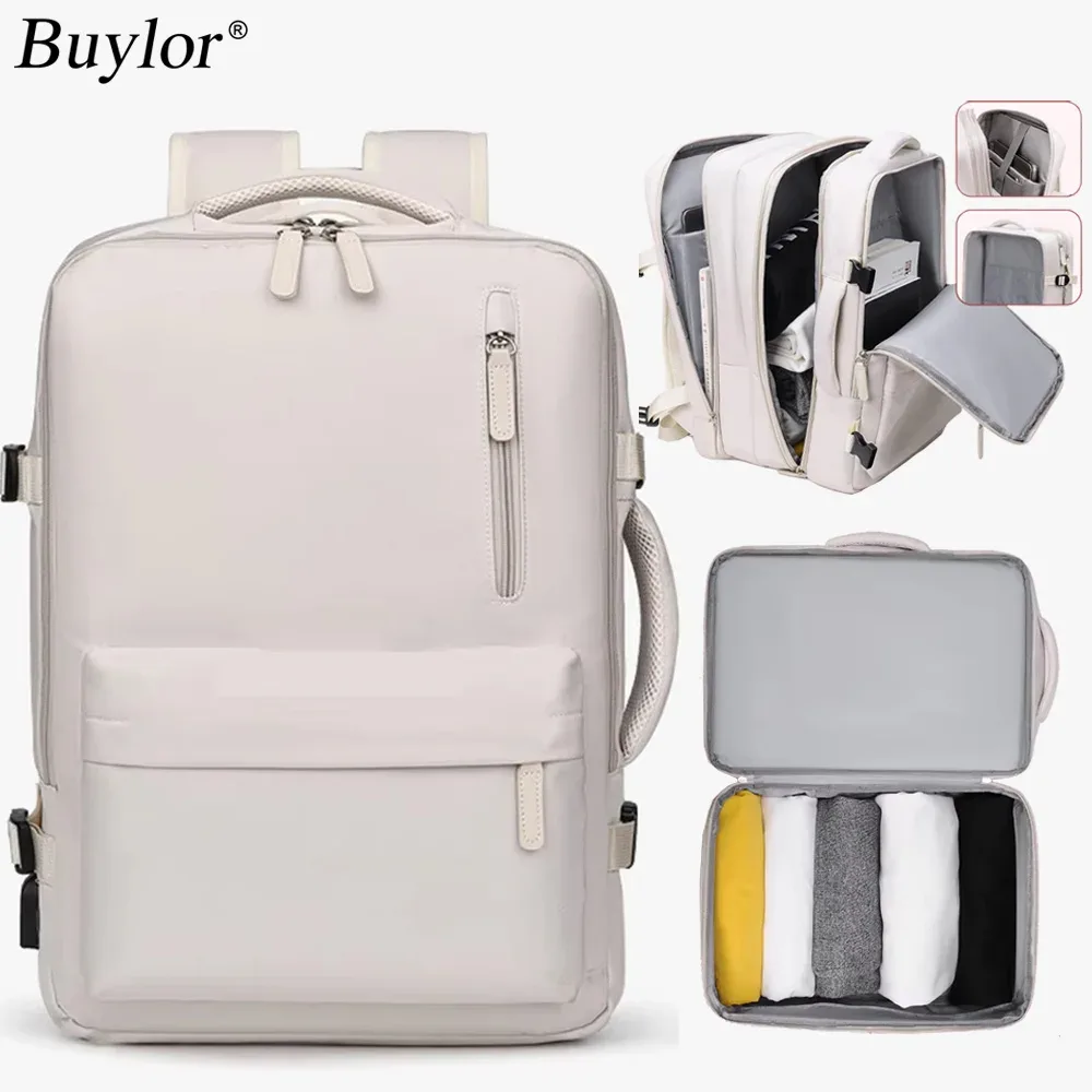 Sac Dos Nylon Beige Clair Poignées Souple Compartiments Organisation Voyage Femmes Usage Courte Séjour Escapade