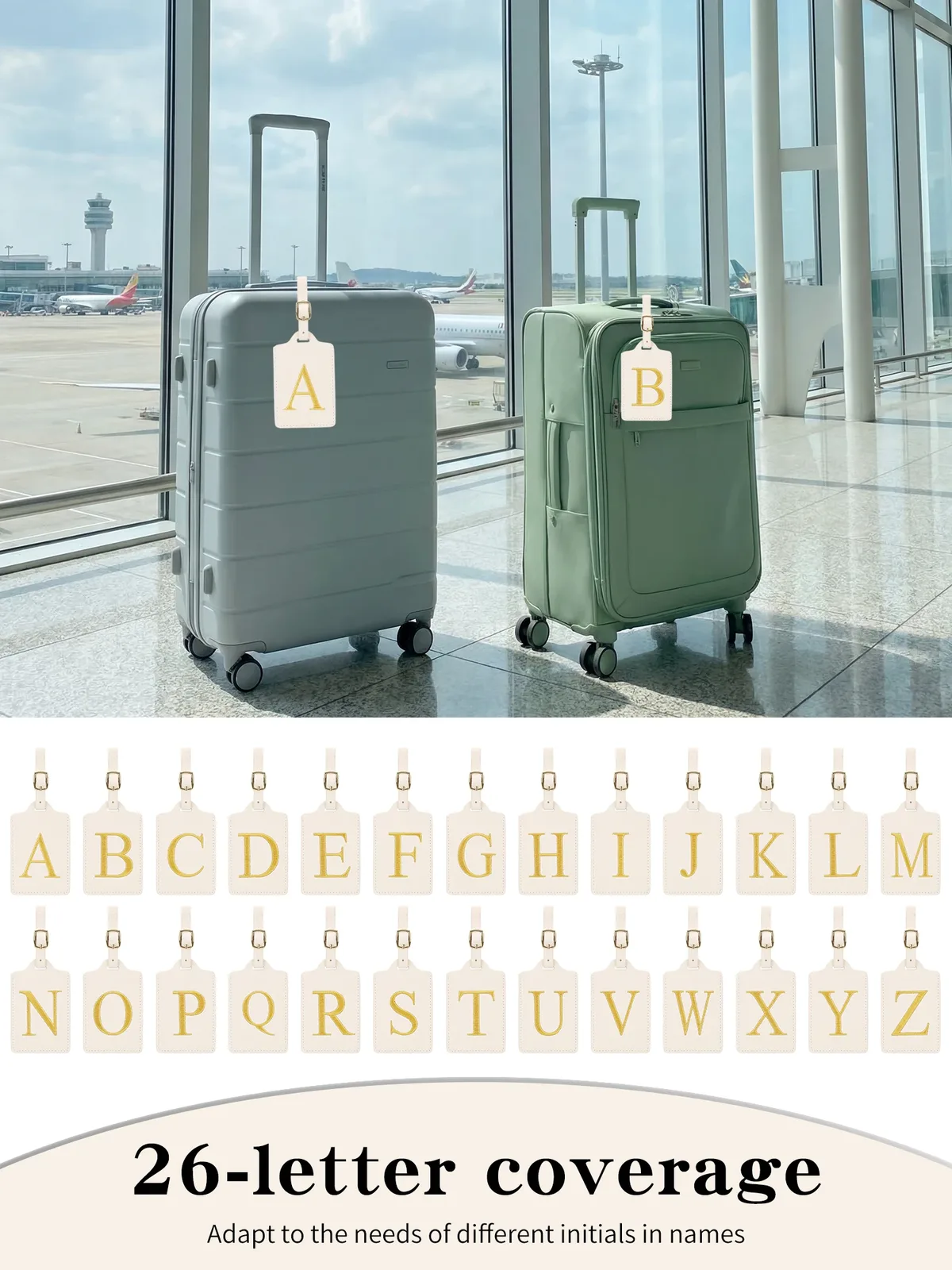 étiquette bagage polyester lettre dorée cuir blanc rectangulaire identification voyage unisexe alphabet fixation anneau métallique