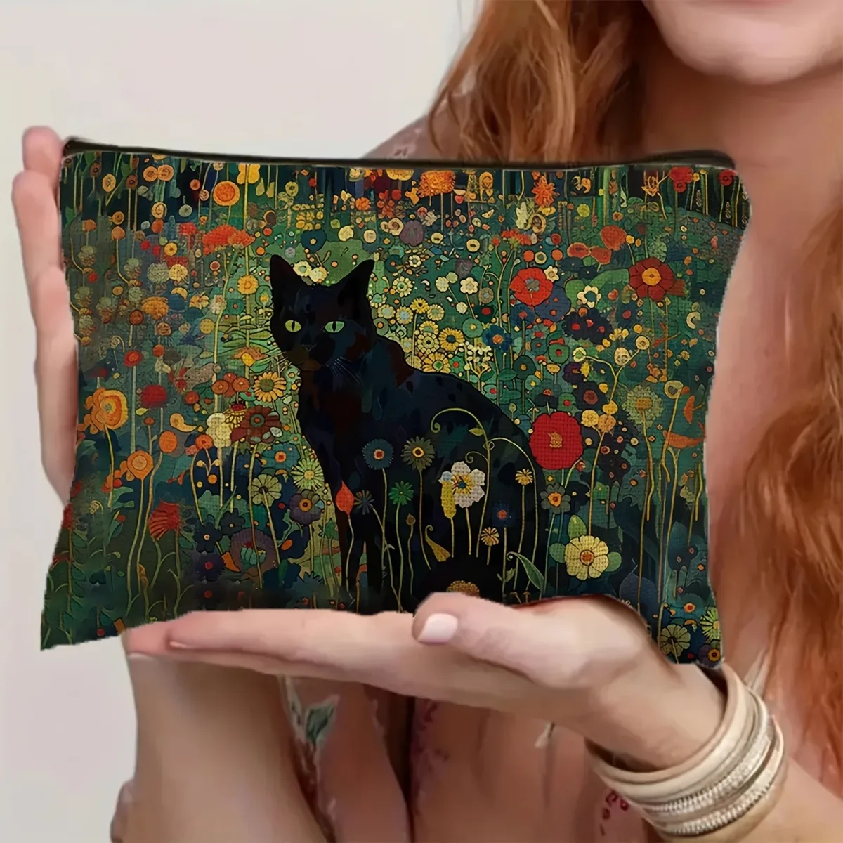 trousse de maquillage florale chat noir, grande capacité, cadeau d'halloween pour femmes, sacs à cosmétiques, pochette à fermeture éclair, trousse à crayons rétro, cadeaux de noël
