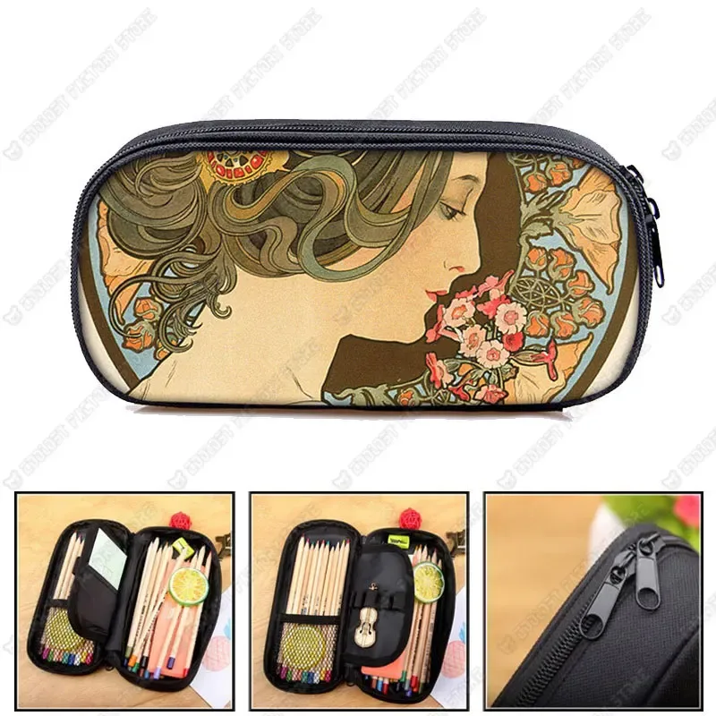 trousse de maquillage imprimée par alphonse mucha, trousse de maquillage pour femme, trousse de maquillage pour adolescent, étuis à crayons, étuis à cosmétiques
