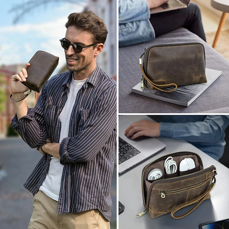 contact's hommes pochette de voyage en cuir véritable pochette portefeuille sac à main sac à main décontracté charge câble organisateur sac de rangement