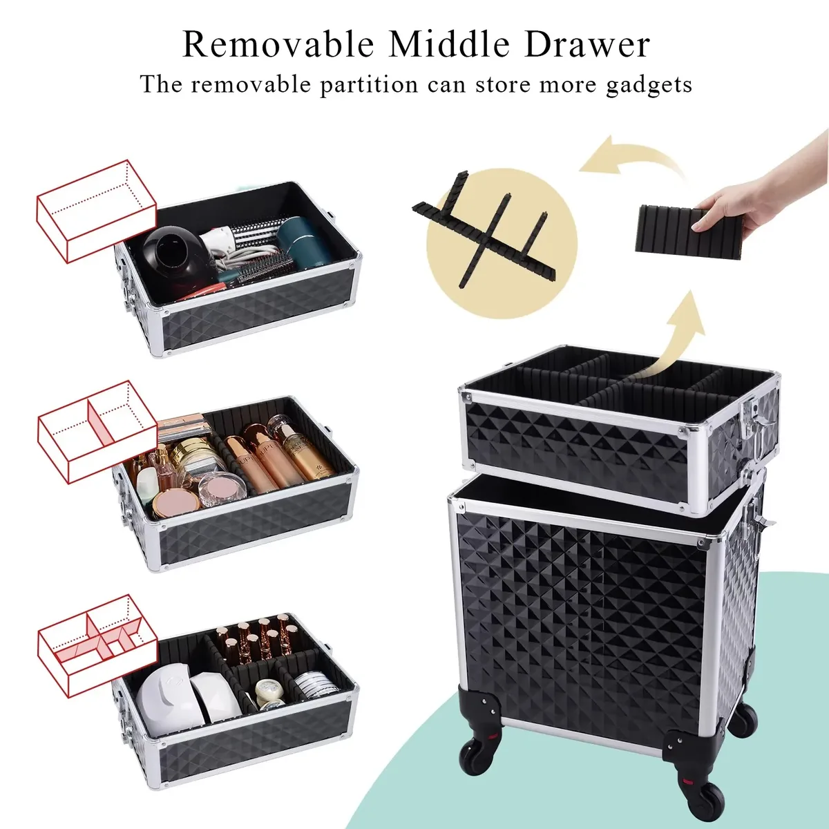 trousse de maquillage roulante 3 en 1, trousse de maquillage amovible, étui de cosmétologie sur roulettes, chariot de maquillage verrouillable de grande capacité pour salon