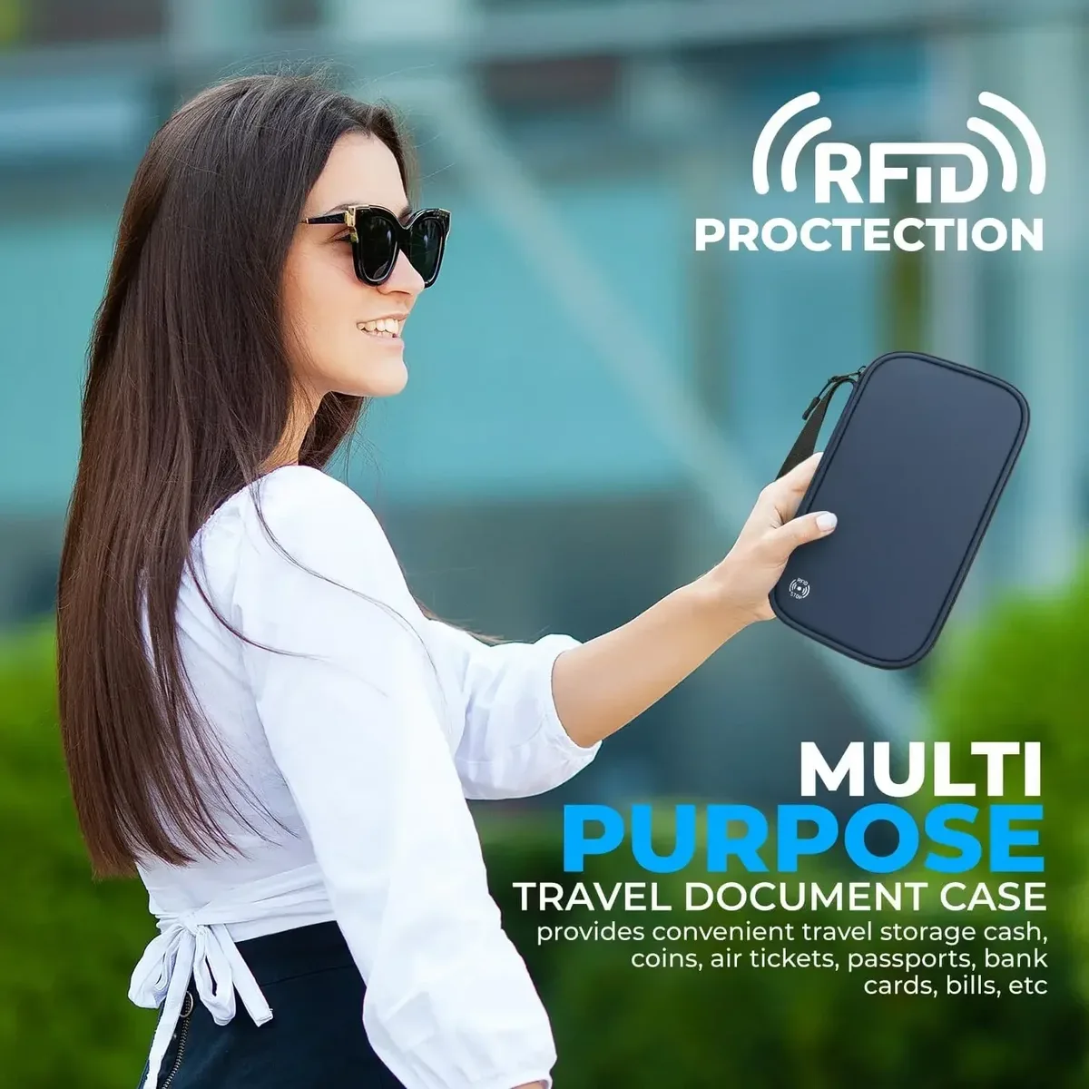 pochette voyage polyester bleu compartiments documents billets cartes porte monnaie bloc rfid organisateur famille transport pratique