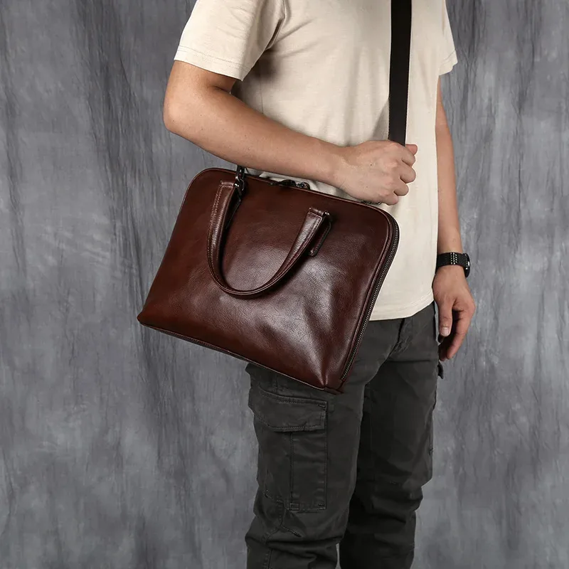 porte-documents vintage en cuir de vache pour hommes, sac à main décontracté, sacoche à bandoulière marron pour ordinateur portable de 14 pouces, nzpj
