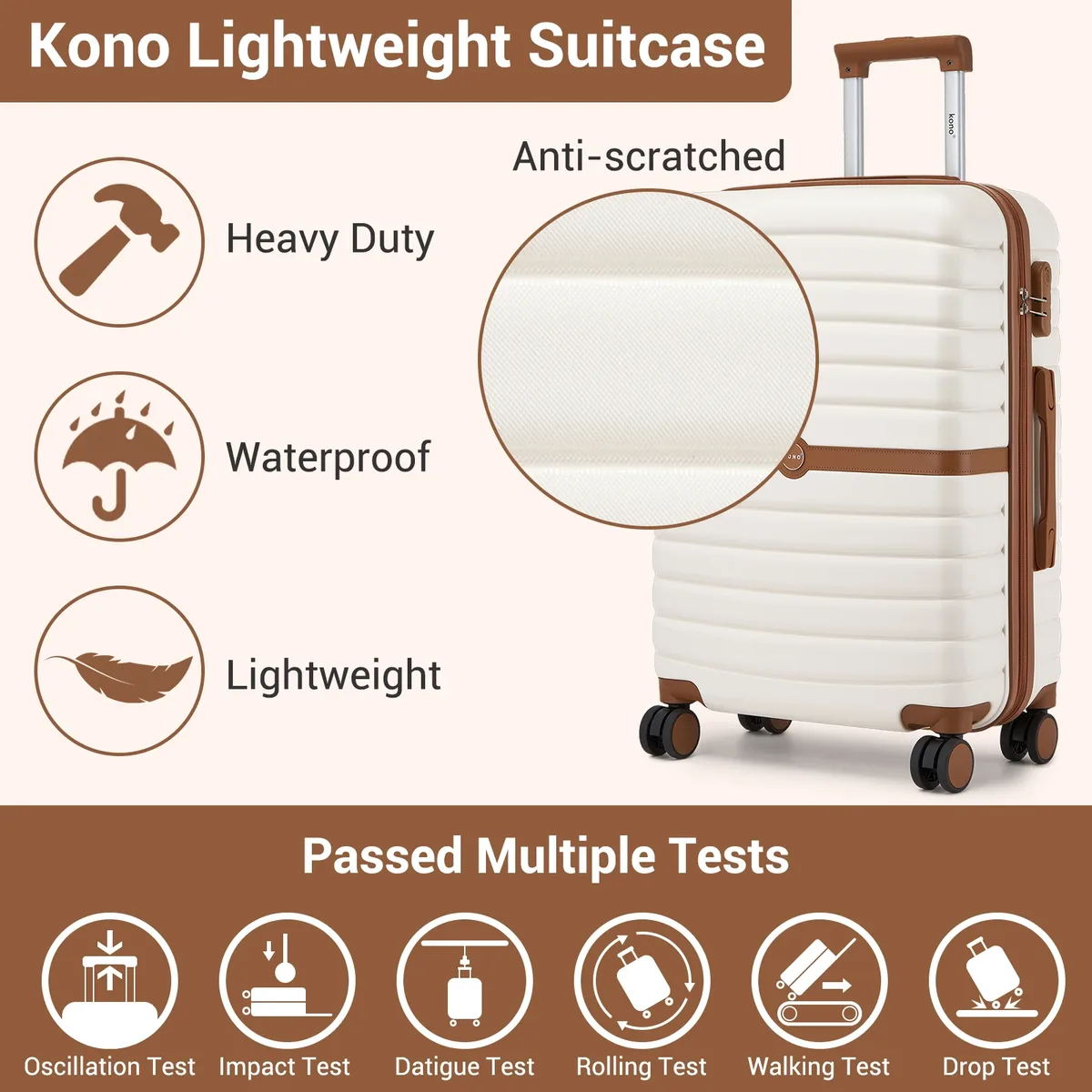 bagages rigides kono, disponibles en 20/24/28 pouces, valise légère en abs avec serrure à combinaison à 3 chiffres, silencieuse 360 ° valise de voyage à roulettes pivotantes, poignée télescopique, bagage à main