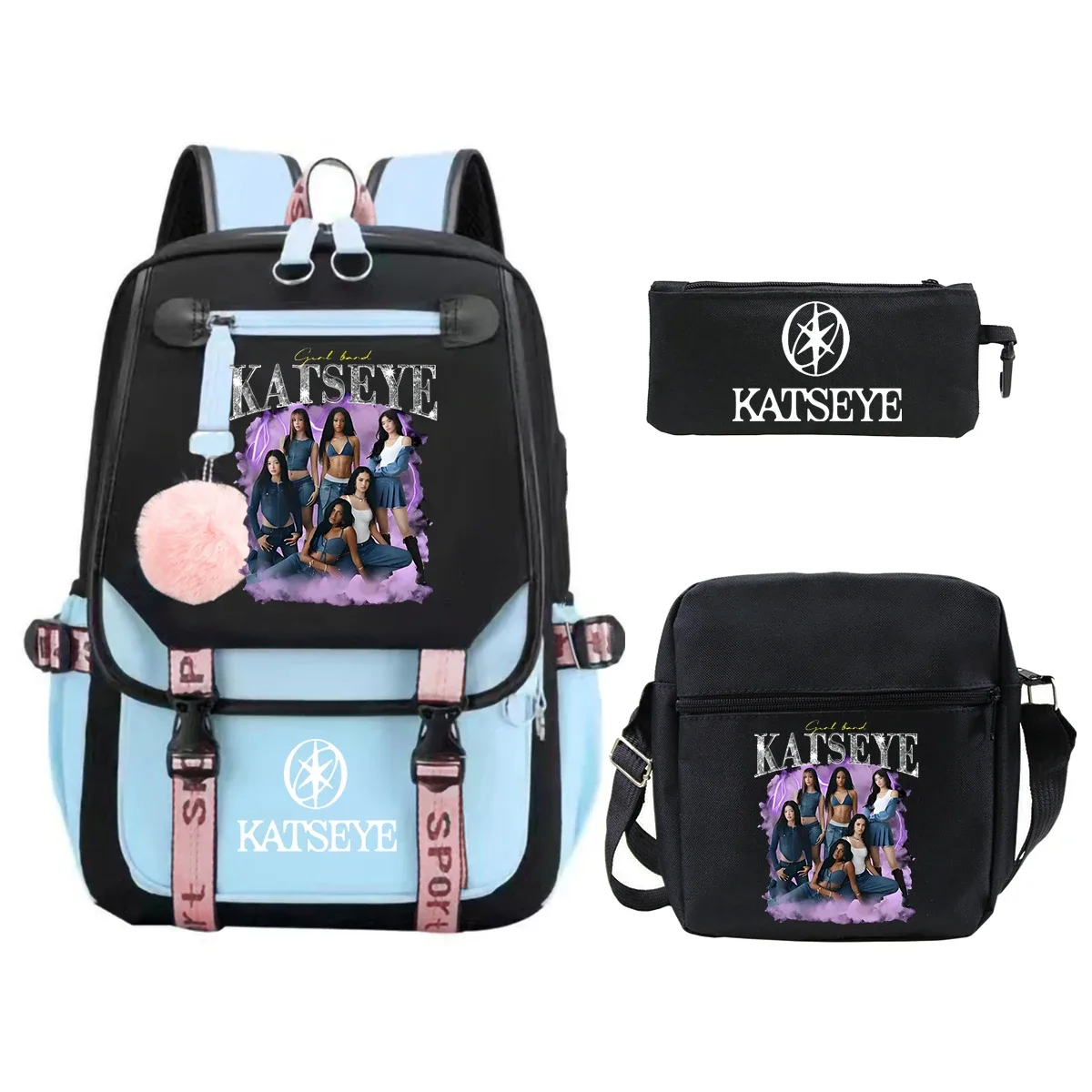 sac dos toile noire bandes violettes accents roses logo katseye dessin animé trousse petit sac bandoulière usage étudiante adolescente voyage école