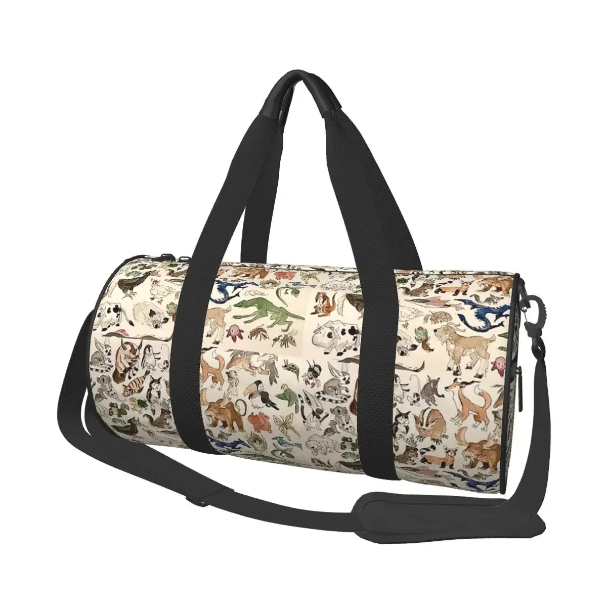sac voyage polyester motif bœufs stylisés poignée amovible bande épaule usage week end sport cylindrique durabilité