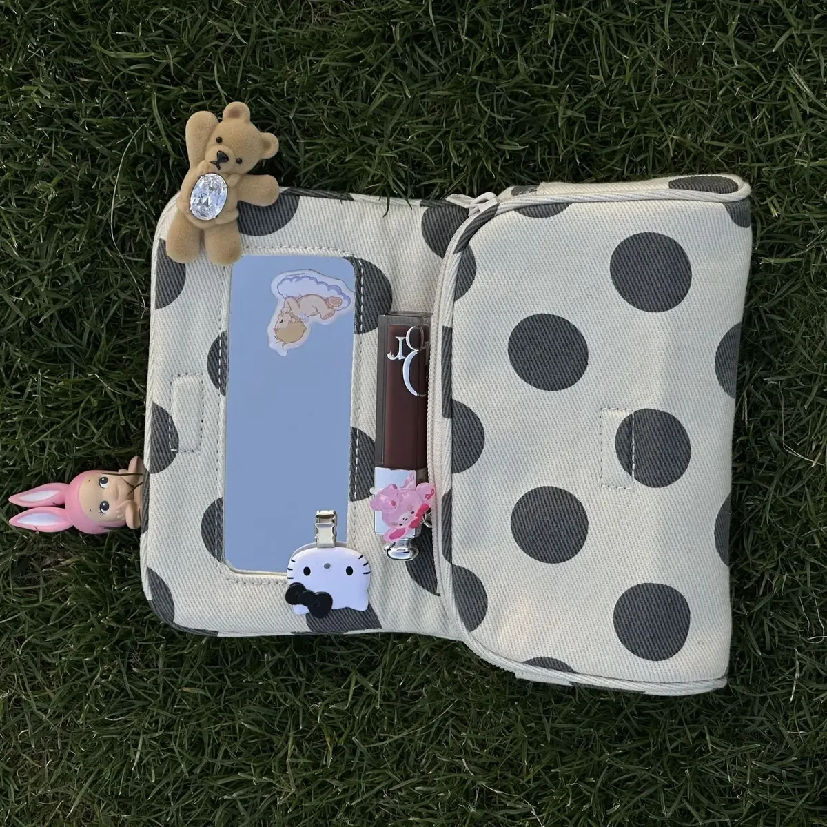 grande trousse de maquillage portable à pois et rayures en toile, sac de rangement de voyage, style ins, grande valeur esthétique, idéal pour le quotidien