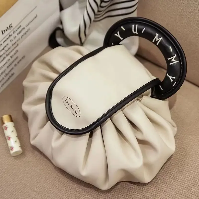 trousse de maquillage portable pour usage quotidien, trousse de toilette de voyage de grande capacité pour femmes, pochette de rangement de cosmétiques à cordon de serrage pour dames