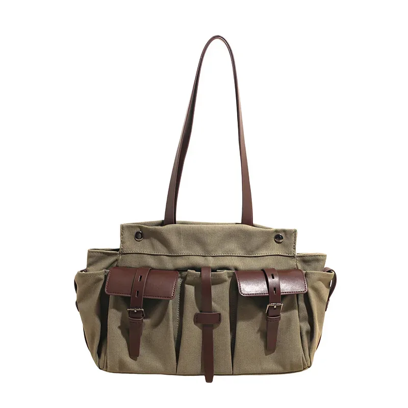 grand sac fourre-tout décontracté en toile pour femme, sac à bandoulière grande capacité, sac à main vert armée adapté à tous les adultes, idéal pour les trajets quotidiens