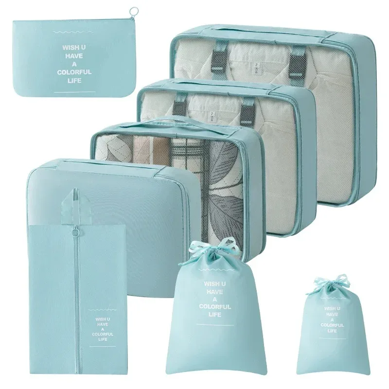 organisateur voyage polyester beige clair cube rangement pliable sac accessoires vêtements chaussures tranches bandes noires fonctionnel