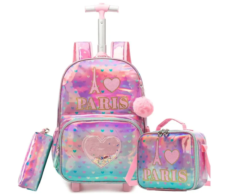 valise sac dos rose queue sirène motif multicolore poignée roue transport enfant déplacement école lunch stylos femmes