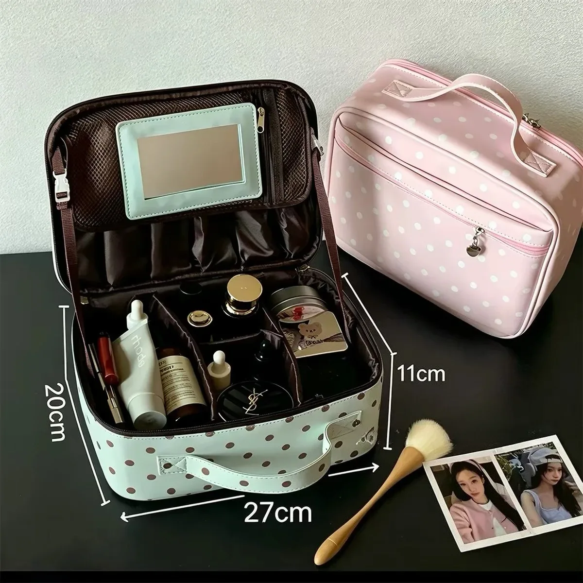 Grande trousse de maquillage à pois pour femmes, sac de voyage pliable en forme de cube, trousse de toilette portable avec fermeture éclair pour les voyages