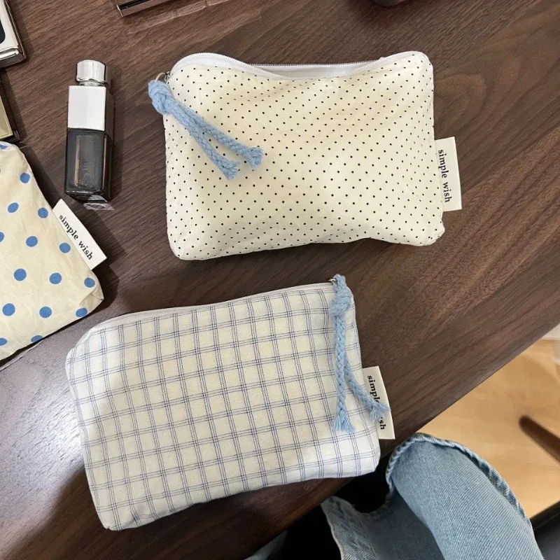 sac de maquillage portable pour femmes, organiseur de cosmétiques bleu à carreaux, portefeuille mignon, mini sac de rangement pour rouge à lèvres