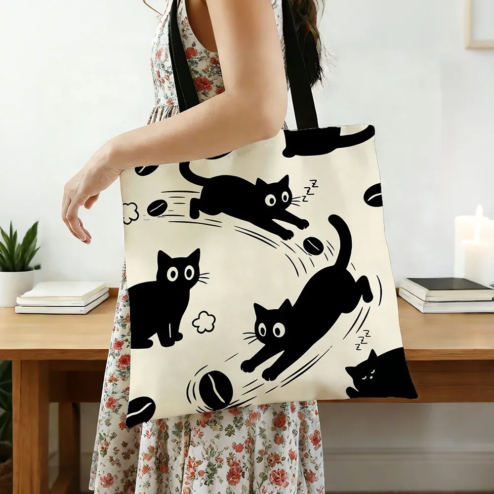sac fourre-tout en toile motif chat noir et café – imprimé chaton mignon et ludique avec motifs latte et grains de café, sac à bandoulière bohème écologique