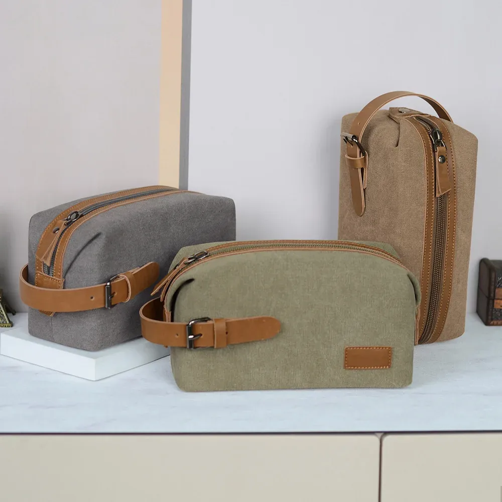 Trousse de maquillage rétro de grande capacité, toile portable avec coutures en cuir de cheval fou pour hommes et femmes
