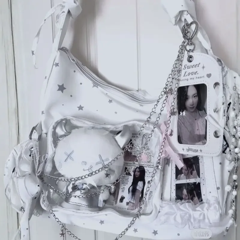 sac à bandoulière plissé à volants avec fenêtre transparente, motif étoile, pour cartes photo d'idols kpop, sac décontracté