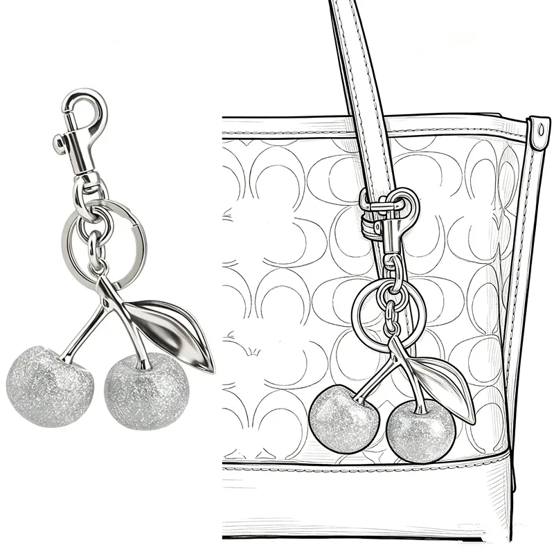 Porte-clés tendance en forme de cerise argentée scintillante, pendentif fruits d'été pour sacs à main Coach, sacs à bandoulière, accessoires, cadeau