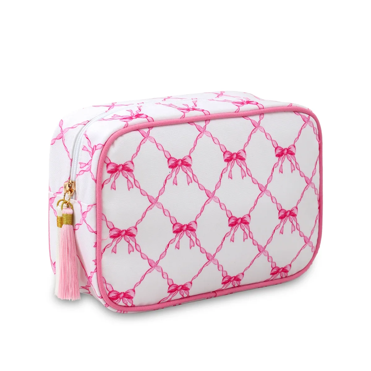 grand sac à cosmétiques portable rayé pour femmes, sac de maquillage à pompon avec fermeture éclair, pochette de rangement de grande capacité