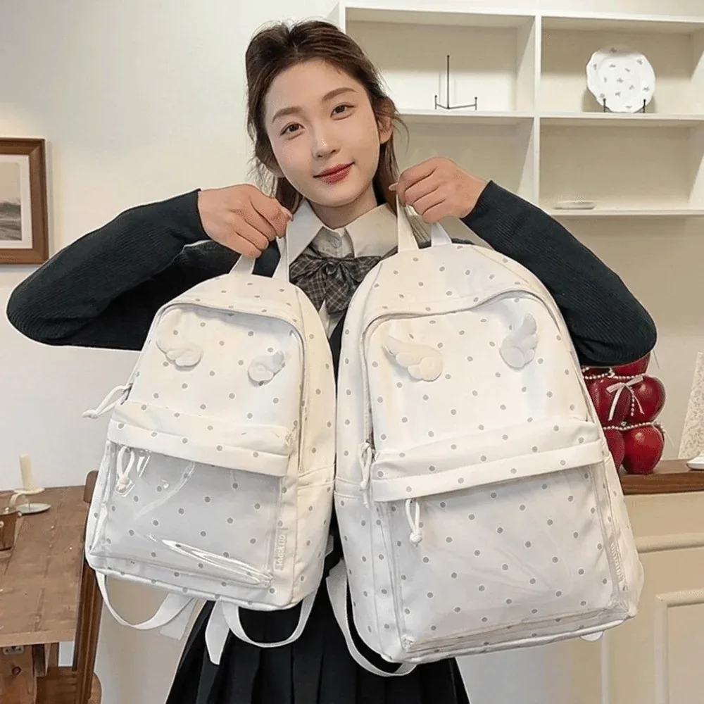 sac à dos à pois 2 tailles, grande capacité, avec poche transparente, pour l'école, motif à pois, sac à dos à poche transparente