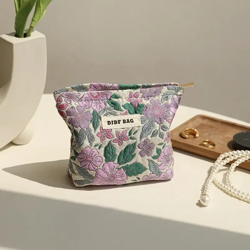 petite trousse de maquillage vintage pour femme, sac de rangement pour rouge à lèvres cosmétique, grande capacité, porte-monnaie portable, pochette commpiedmont, fleur violette