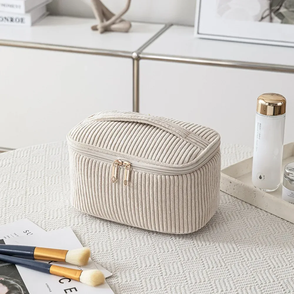 trousse de maquillage en velours côtelé tendance avec fermeture éclair, grande capacité, sac cosmétique de voyage portable, organisateur de rangement, trousse de toilette