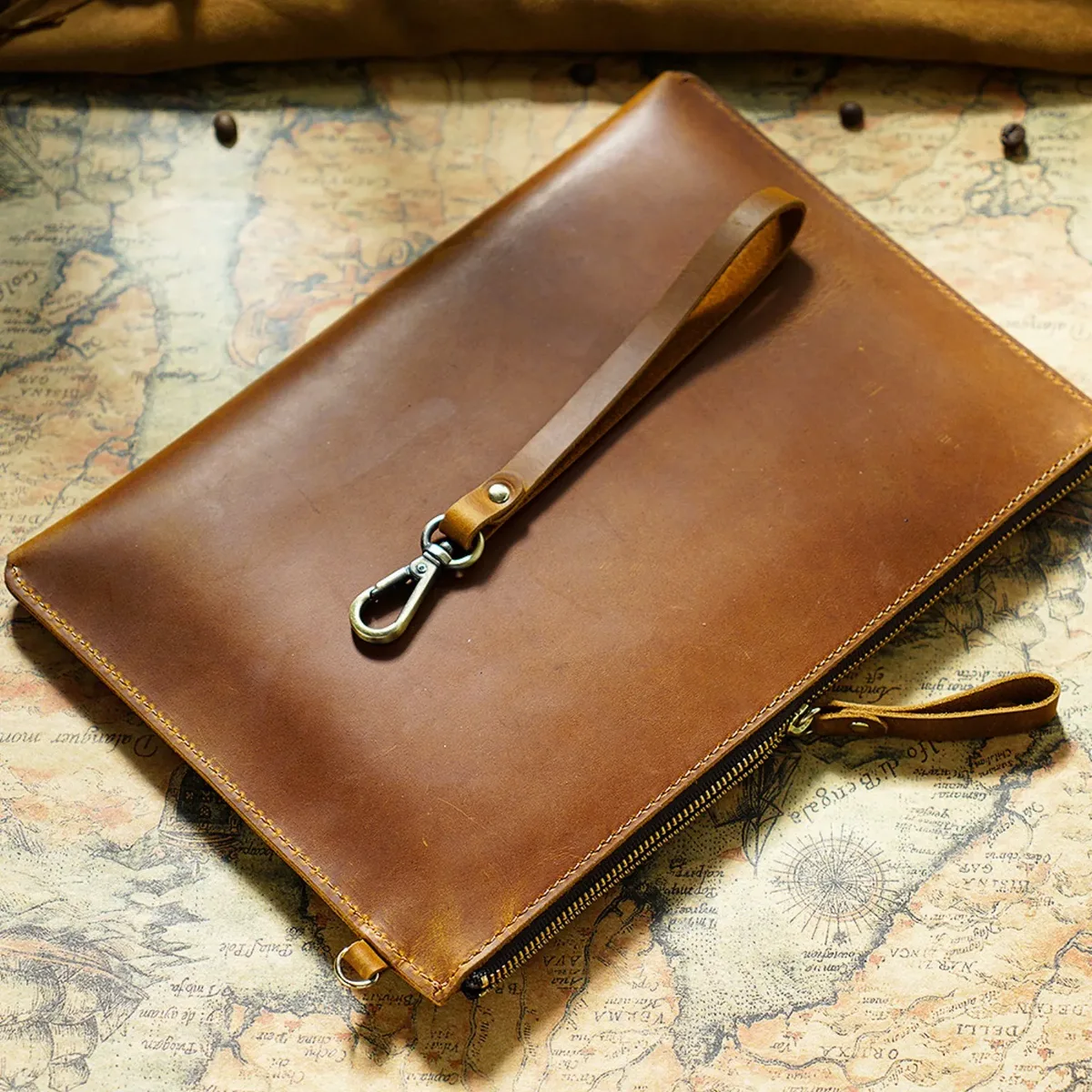 pochette de rangement de documents vintage en cuir véritable, avec fermeture éclair, porte-papier mince pour ipad mini et smartphone, bureau de voyage