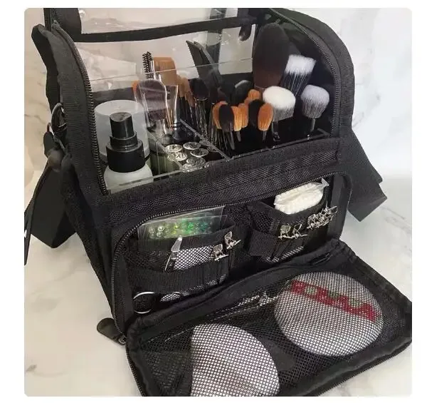 trousse de maquillage de voyage avec support de pinceau de maquillage, organisateur de synchronisation acrylique, sac cosmétique debout, sac d'artiste