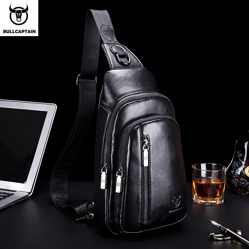 bullcaptain-sac de poitrine en cuir véritable pour homme, sac à bandoulière multifonctionnel, sac de poitrine de musique, mode loisirs