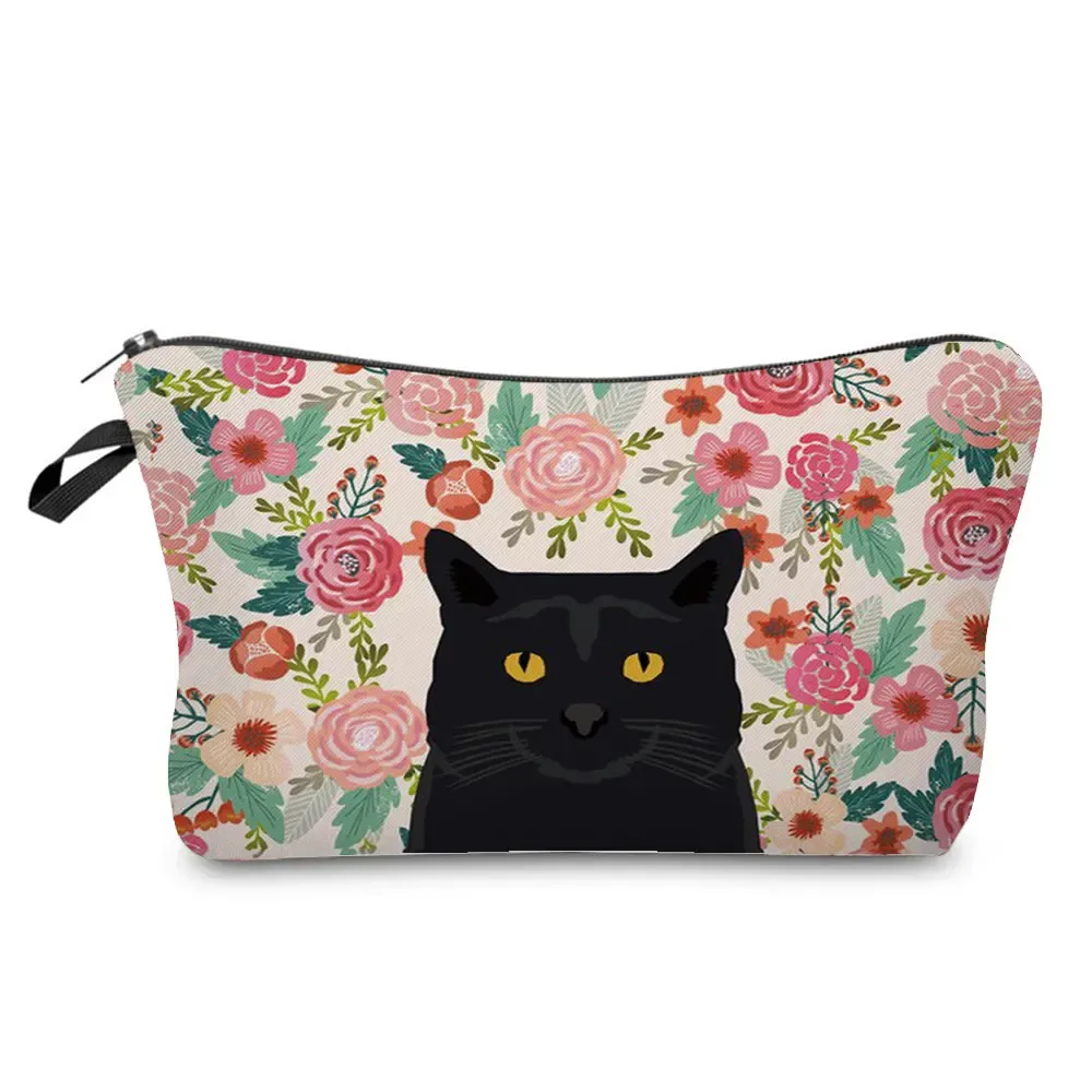 dessin animé fleur chien chat mignon imprimé femmes sac cosmétique en plein air portable voyage trousse de toilette personnalisable trousse de toilette trousse de maquillage