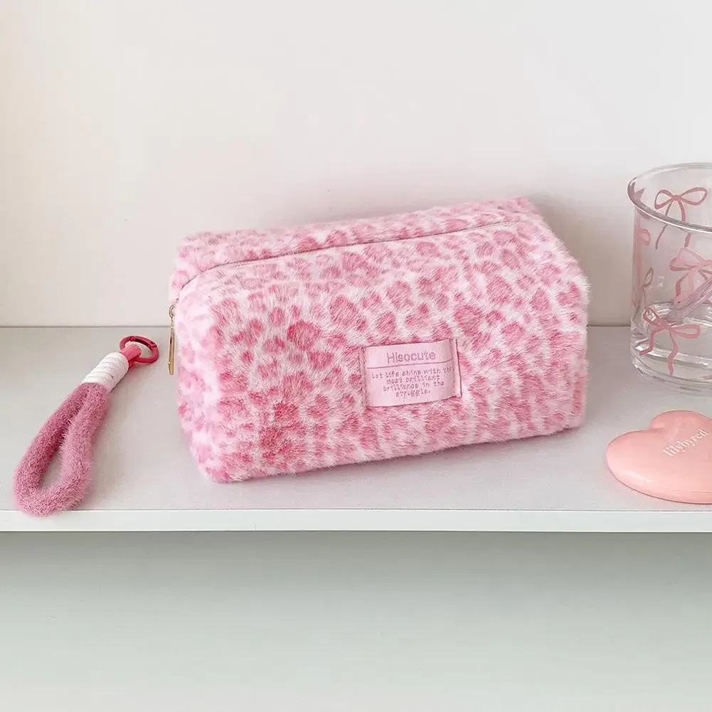 sacs à maquillage en peluche à imprimé léopard avec poignée, sac de rangement cosmétique de voyage portable, trousse de toilette, trousse à crayons mignonne, sac à main tendance