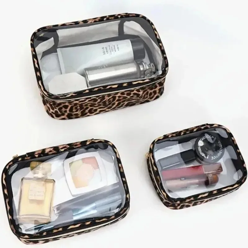 trousse de maquillage léopard imperméable grande capacité, 1/3 pièces, unisexe, transparente, pour voyage, organiseur de cosmétiques, trousse de toilette portable à fermeture éclair