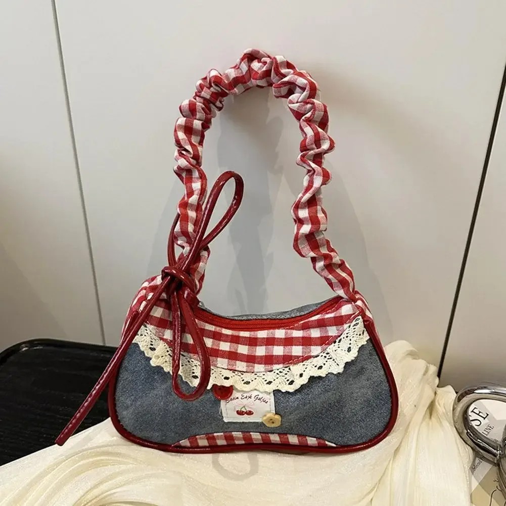 sac à main femme fashion grid avec ruban en dentelle, bandoulière extensible, sac à bandoulière simple ou sous le bras, idéal pour les trajets quotidiens et les étudiants
