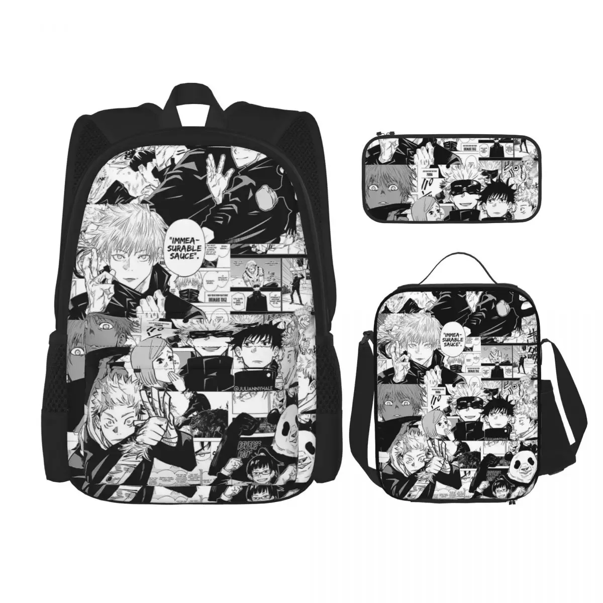 sac dos polyester noir motif animé format grand volume usage étudiant lycéen informatique bandes latérales pochette stylos sac main assorti
