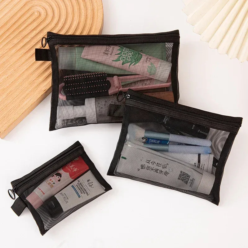 sacs à cosmétiques transparents en maille pour femmes, trousse de maquillage noire, étui de rangement de toilette de voyage portable, pochette de rangement de rouge à lèvres, cadeau, 1/3/5 pièces