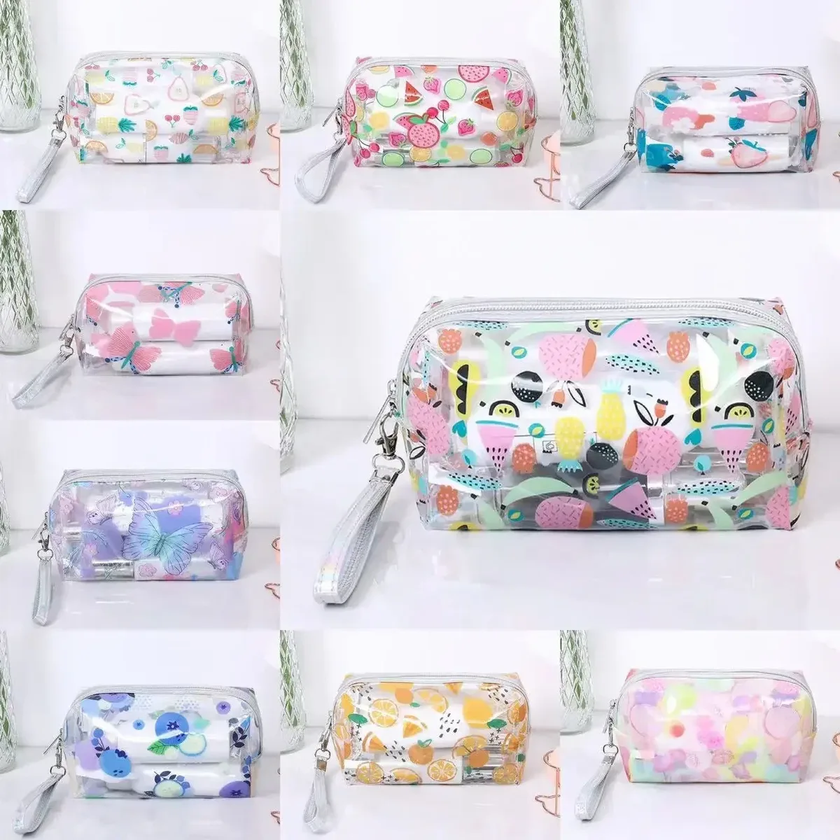 trousse de maquillage transparente étanche pour femmes et filles, trousse cosmétique de voyage, trousse de toilette, poudres transparentes, imprimé mignon, fleur d'avocat