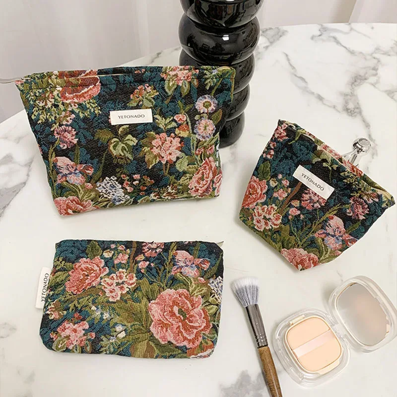 INS Style Vintage fleurs sac cosmétique Portable main sac cosmétique voyage trousse de toilette sac de rangement outils de maquillage pochette de rangement
