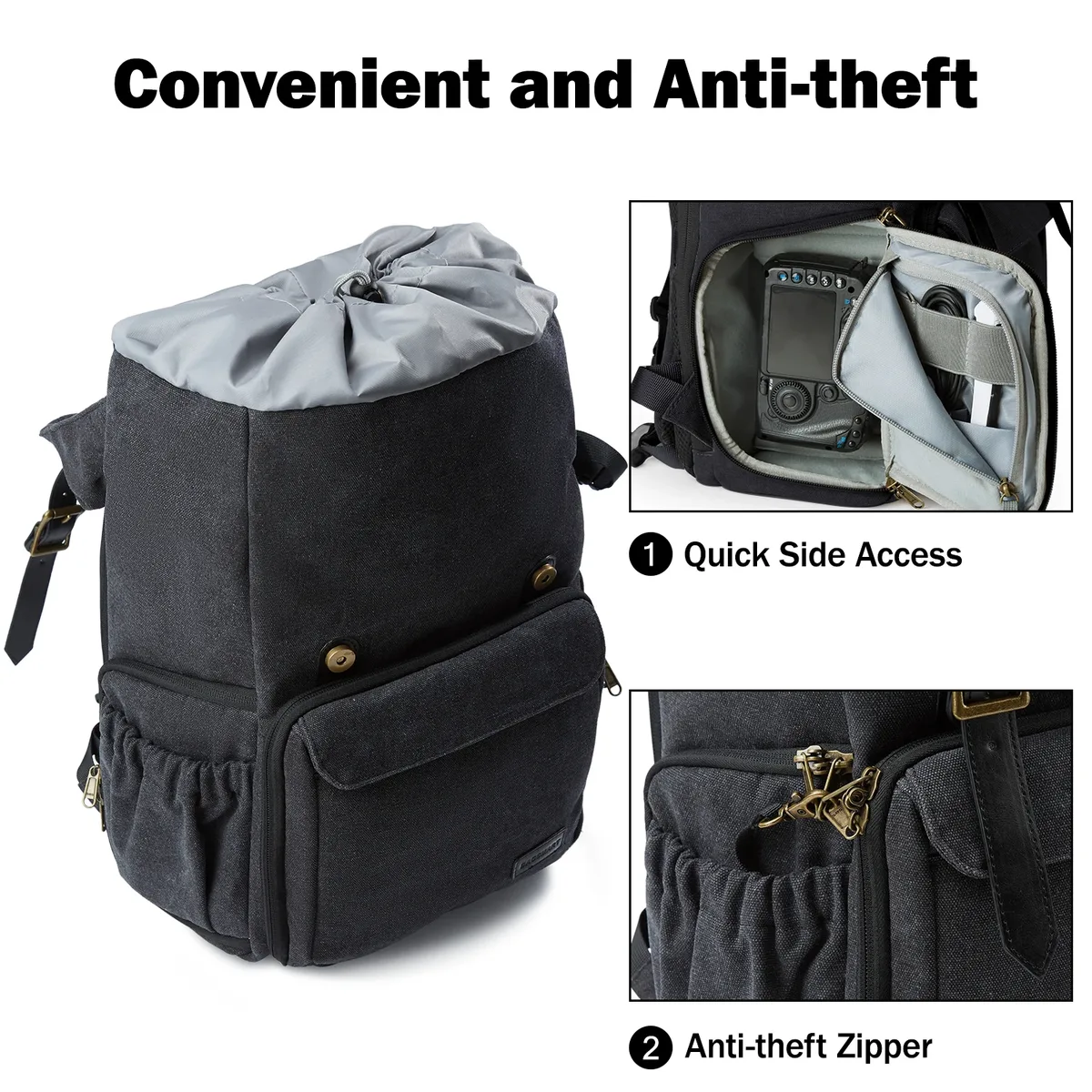 sac dos toile noire bandes grises boucles dorées poche limon cadre externe voyage photo ordinateur portable trépied