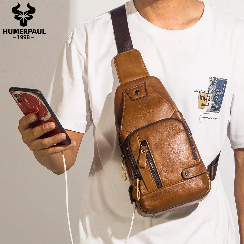 humerpaul-sac de poitrine usb pour homme, 100% cuir véritable, sacs à bandoulière initiés, sac de messager extérieur multifonction, mode