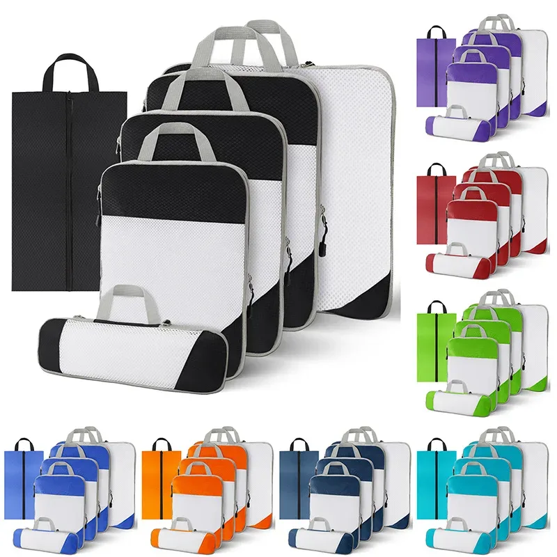 sac de rangement en nylon imperméable à compression de voyage portable, ensemble de pochettes de rangement à motif de grille visuelle pour l'organisation du voyage
