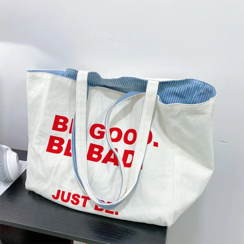sac à main double face en toile de grande capacité pour femme, fourre-tout réutilisable avec lettres brodées rayées